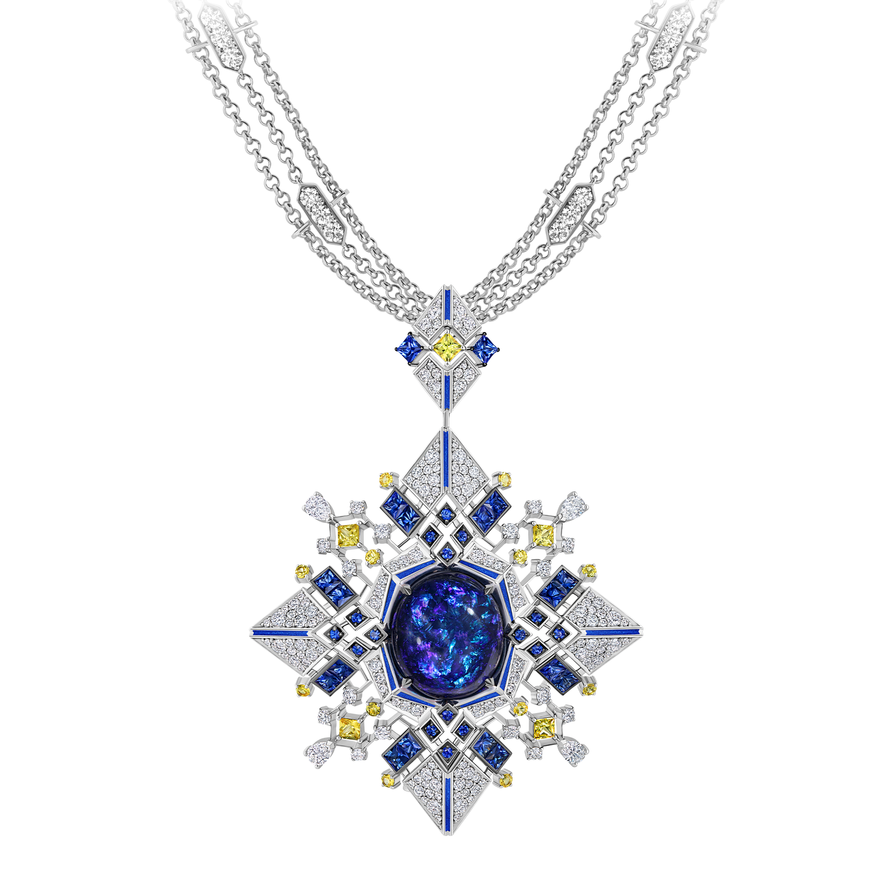 Подвес-брошь с опалом, сапфирами и бриллиантами, белое золото