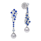 Пусеты с жемчугом, бриллиантами и сапфирами, белое золото