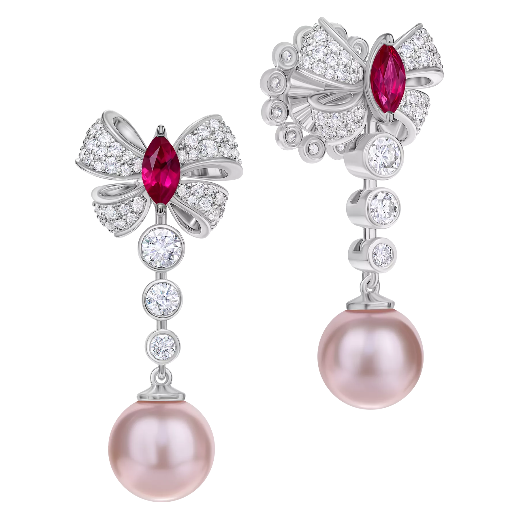 Пусеты с рубинами, жемчугом и бриллиантами, белое золото