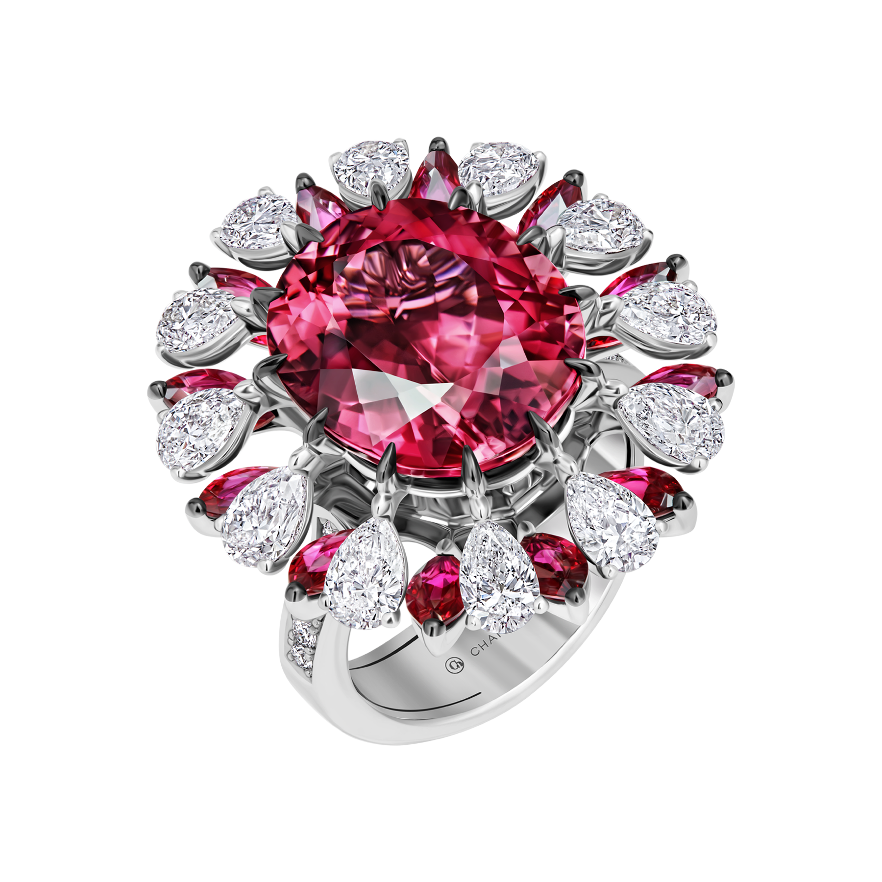 Кольцо с турмалином рубеллит, бриллиантами и рубинами, белое золото