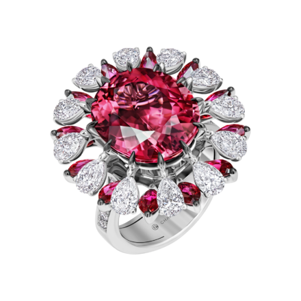 Кольцо с турмалином рубеллит, бриллиантами и рубинами, белое золото 1
