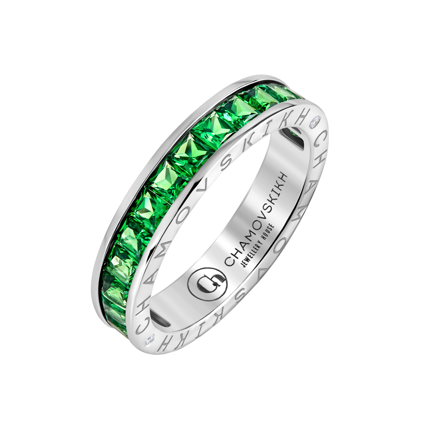 Кольцо с тсаворитами и бриллиантами, белое золото