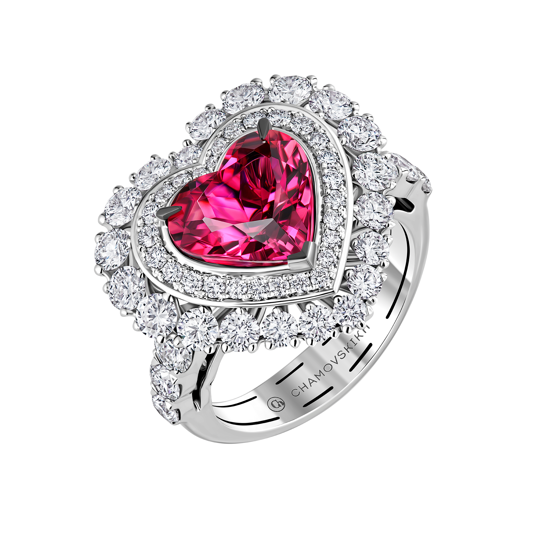 Кольцо с турмалином рубеллитом и бриллинтами, белое золото