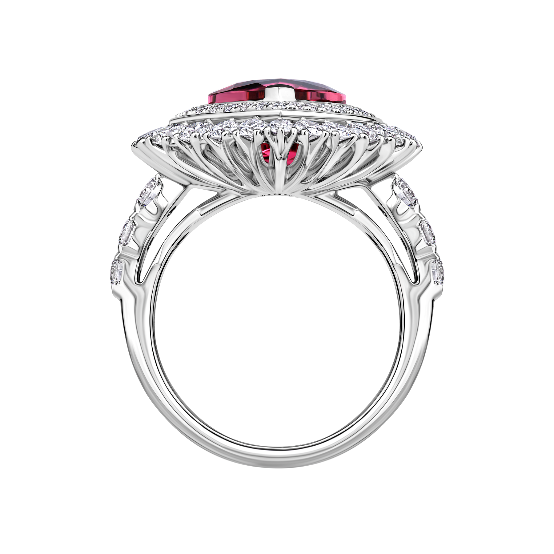 Кольцо с турмалином рубеллитом и бриллинтами, белое золото