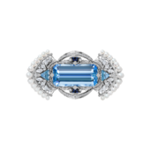 Кольцо с аквамарином, сапфирами, бриллиантами и жемчугом, белое золото