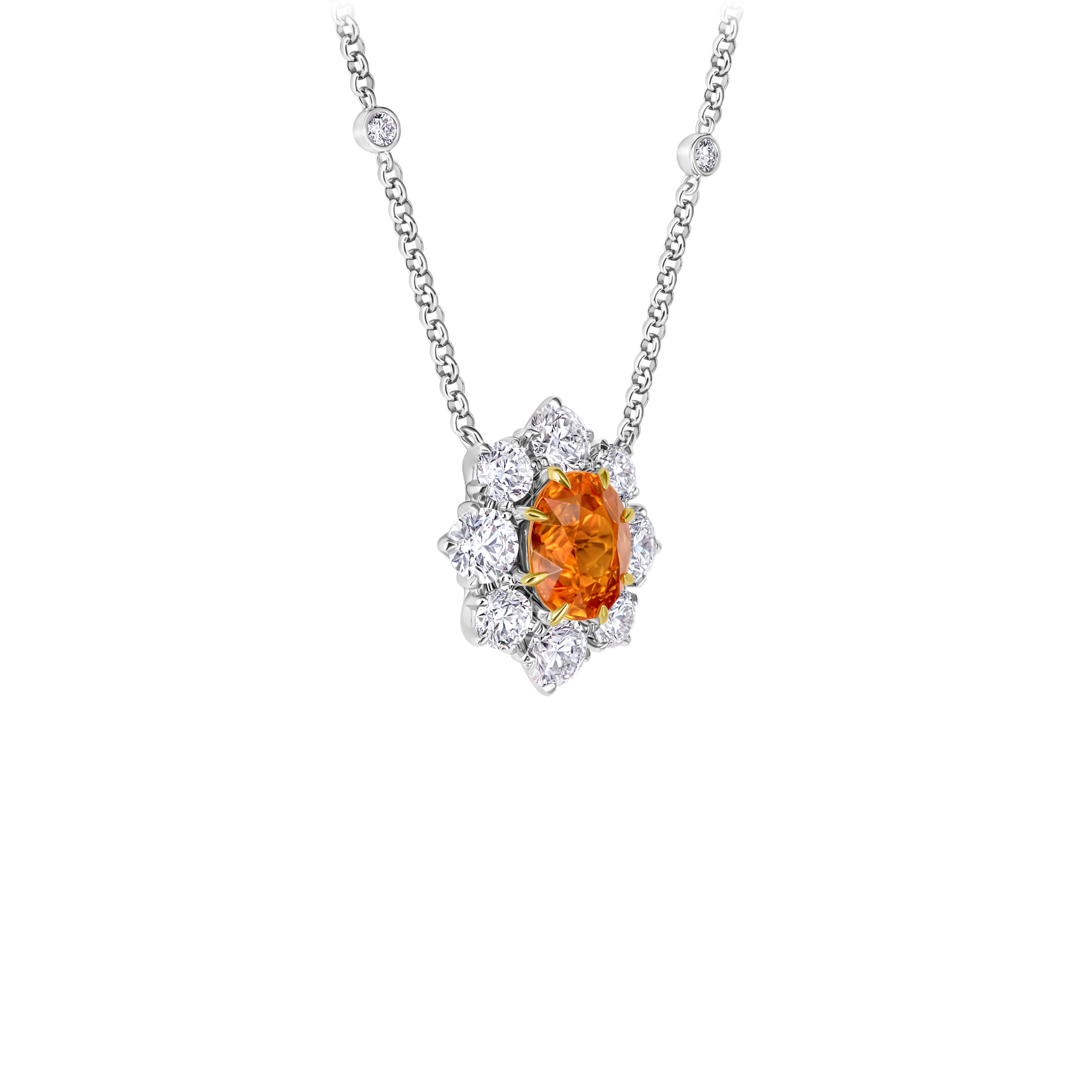 Колье со спессартином и бриллиантами, белое золото