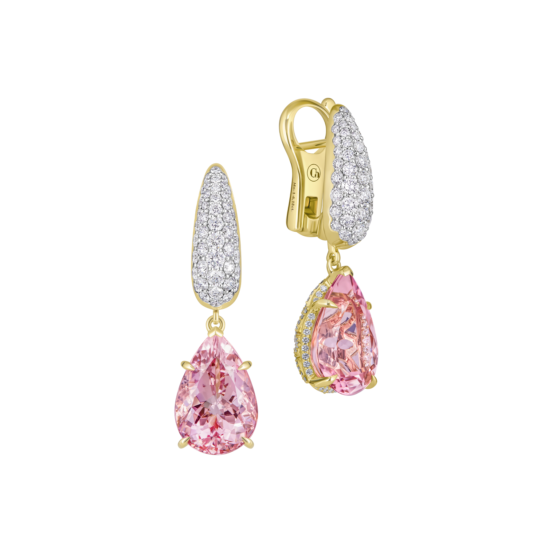 Серьги с морганитами и бриллиантами, желтое золото