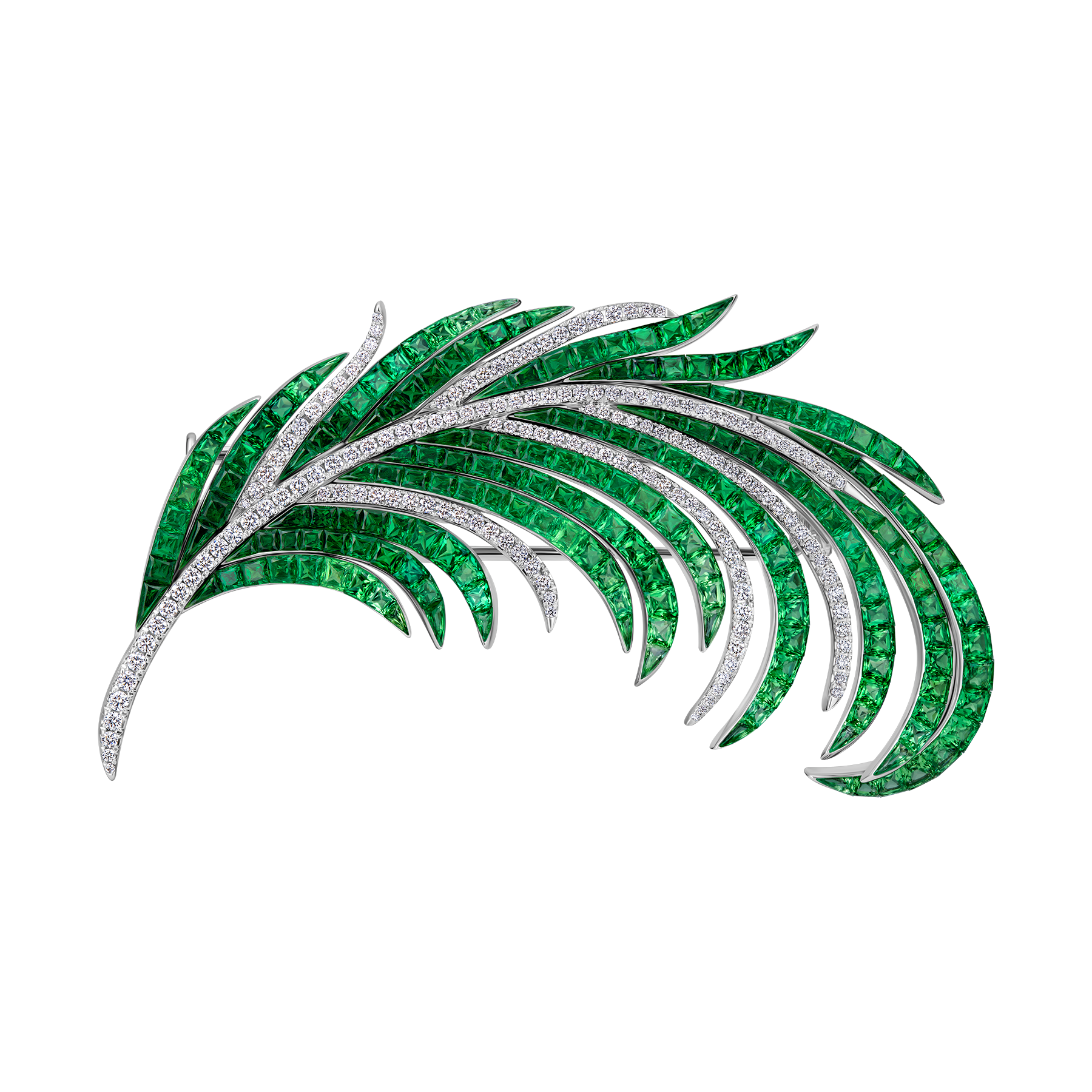 Брошь с тсаворитами и бриллиантами, белое золото