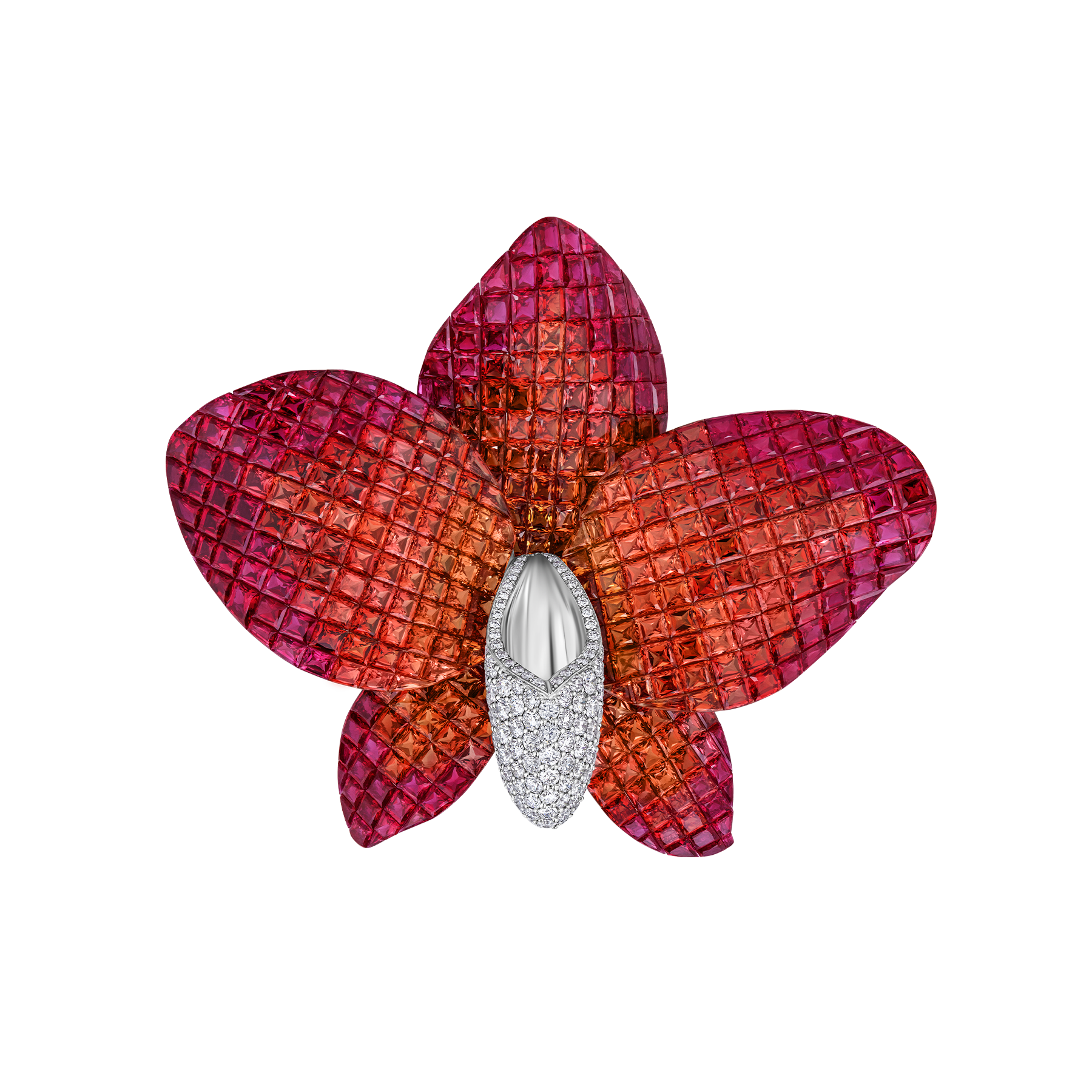 Брошь с рубинами, оранжевыми сапфирами и бриллиантами, белое золото