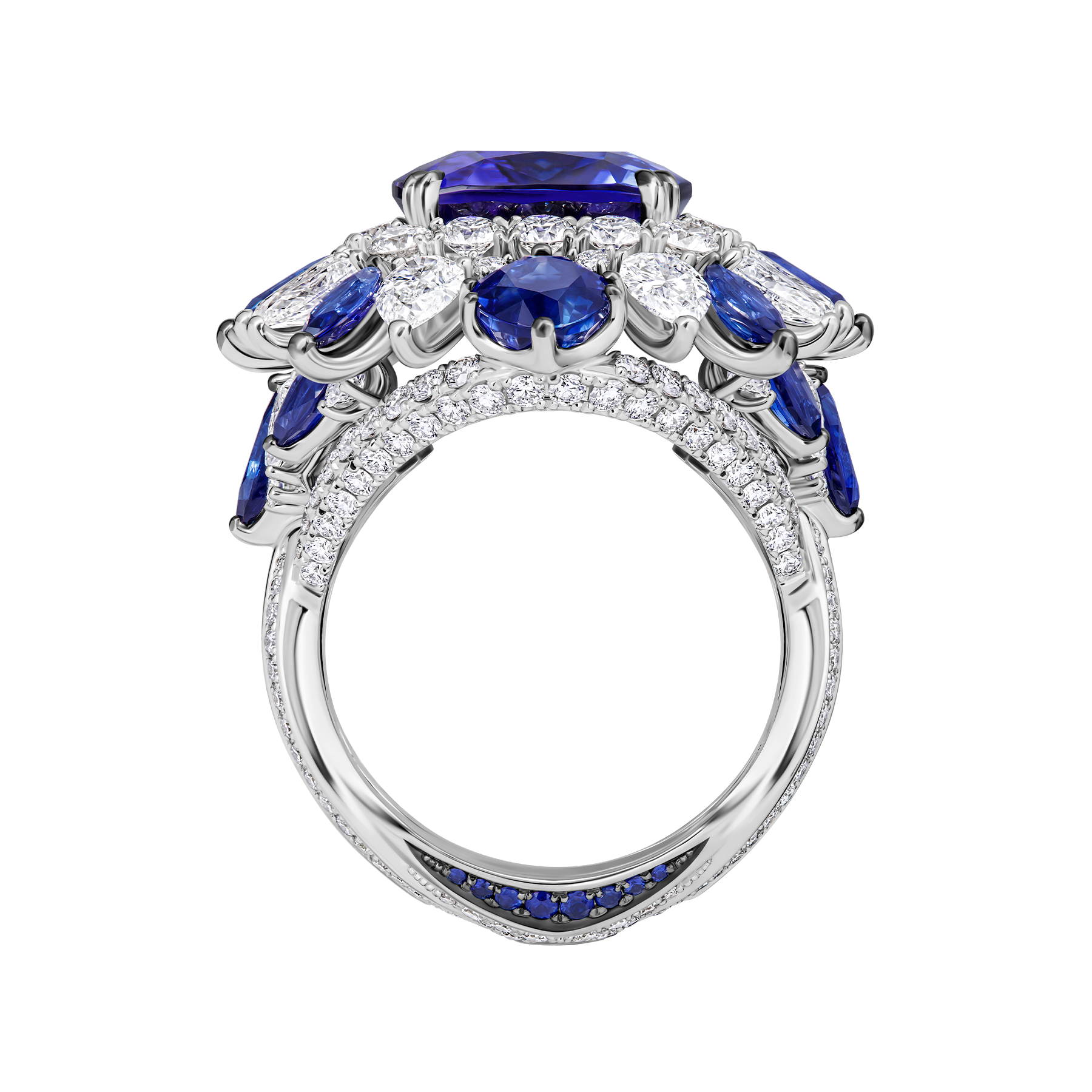 Кольцо с танзанитом, бриллиантами и сапфирами, белое золото